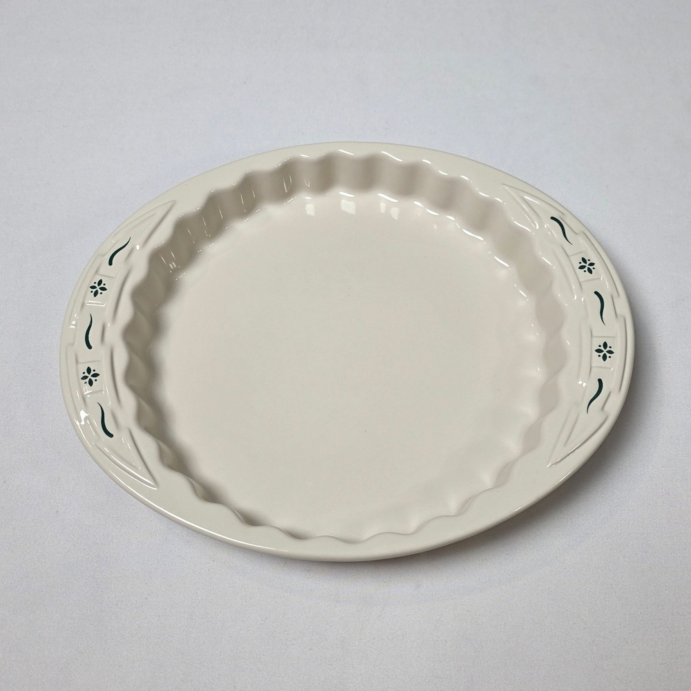Longaberger Heritage Green Quiche Dish 1 Quart Ivory Stoneware Fluted 9 Inch USA